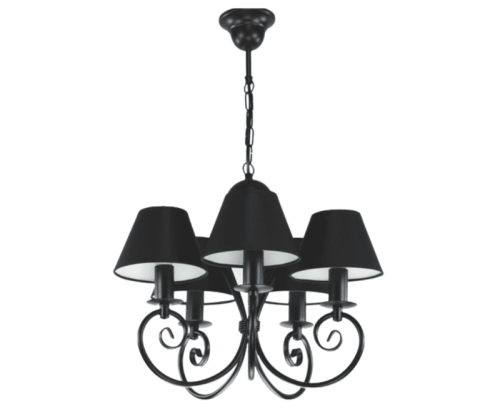Czarny klasyczny żyrandol z czarnymi abażurami.