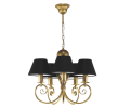 Pięcioramienny żyrandol złoty z czarnymi abażurami.