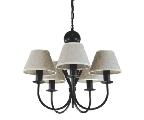 Czarny żyrandol z abażurami w kolorze lnu.