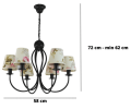 Żyrandol na 6 żarówek w kolorze czarnym z abażurkami w kwiaty-różyczki.