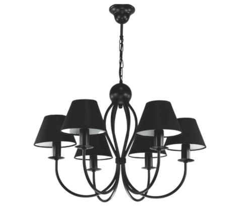 Czarny żyrandol z czarnymi abażurami.
