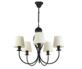 Żyrandol do pokoju z abażurami w kolorze ecru.