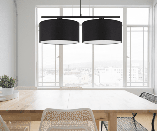 Lampa nad stół do jadalni i pokoju z 2 czarnymi abażurami.