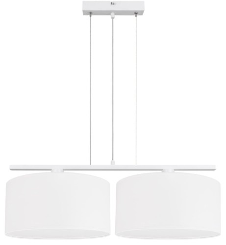 Lampa wisząca podłużna z 2 abażurami białymi.