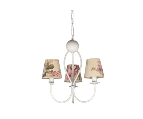 Biały żyrandol z abażurami w kwiaty - róże.