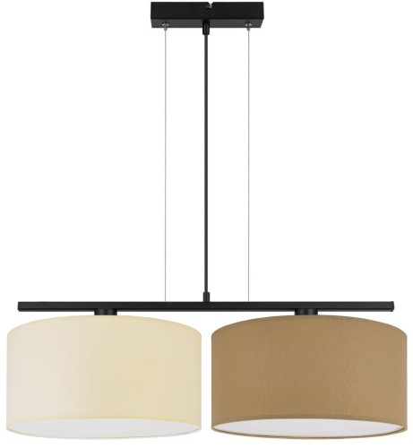 Lampa wisząca nad stół do jadalni z 2 dużymi abażurami w kolorze kremowym i jasno brązowym.