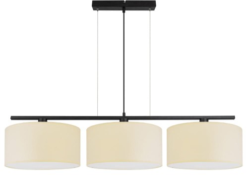 Nowoczesna lampa wisząca nad stół do salonu z 3 dużymi abażurami w kolorze kremowym.