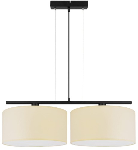 Lampa wisząca nad stół do pokoju z 2 dużymi abażurami w kolorze kremowym.