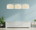 Lampa wisząca nad stół do salonu z 3 dużymi abażurami w kolorze ecru.