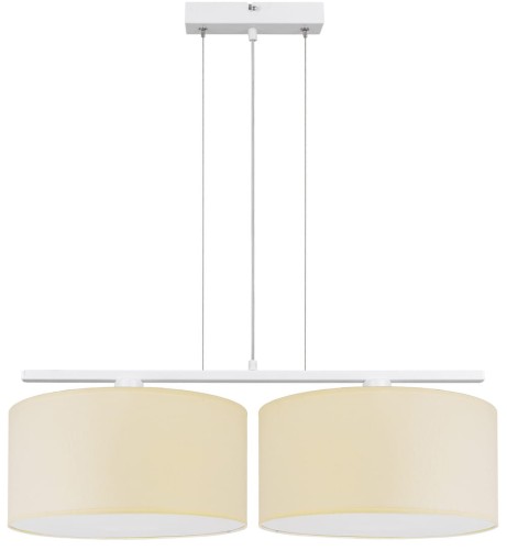 Lampa wisząca nad stół z 2 dużymi abażurami w kolorze kremowym.