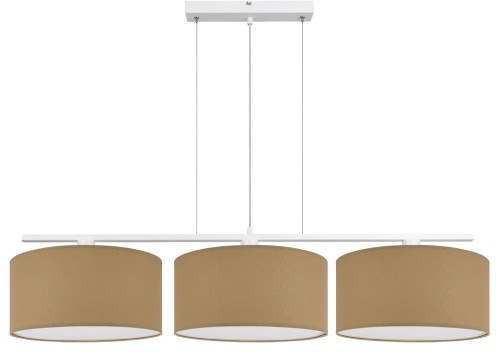 Lampa potrójna nad stół do jadalni z dużymi abażurami w kolorze "kawy z mlekiem".