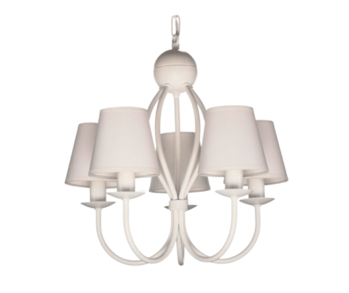 Klasyczny biały żyrandol do pokoju z białymi abażurami.