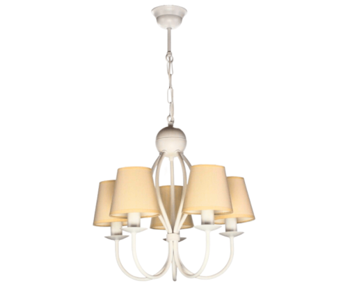 Biały żyrandol nad stół z abażurami w kolorze kremowym - ecru.