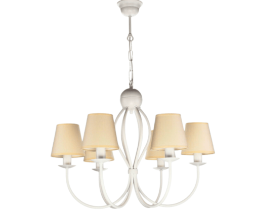 Biały żyrandol z abażurami jasnobeżowymi.