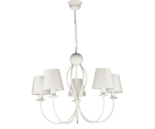 Biały żyrandol do pokoju dziecięcego z białymi abażurkami.