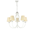 Biały żyrandol do sypialni z abażurami w kolorze kremowym.
