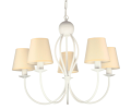Biały żyrandol z abażurami w kolorze ecru.
