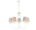 Żyrandol biały do salonu w abażurami w kolorze naturalnego lnu.