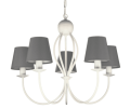 Żyrandol biały z szarymi abażurami.