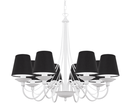 Biały żyrandol do jadalni z czarnymi abażurami.
