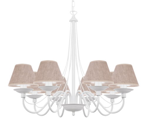 Biały żyrandol w tylu eko z abażurami w kolorze naturalnego lnu.