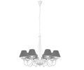 Biały żyrandol wiszący do sypialni z szarymi klosikami - abażurkami.