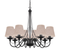 Czarny żyrandol z abażurami w kolorze naturalnego lnu.