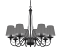 Czarny wiszący żyrandol nad stół z szarymi abażurami.