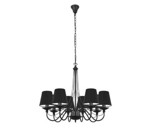 Elegancki czarny żyrandol do salonu z czarnymi abażurami.