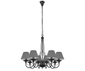 Czarny żyrandol o klasycznej formie na osiem żarówek z szarymi abażurami.