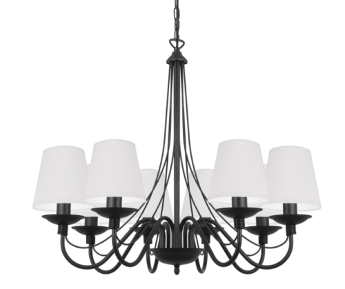 Elegancki czarny żyrandol do salonu i dużego pokoju z białymi klosikami.