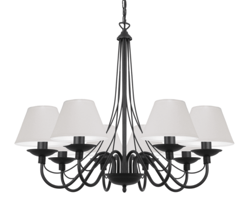 Klasyczny żyrandol ośmioramienny duży nad stół z abażurami.