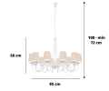 Duża lampa wisząca - żyrandol w kolorze białym z klosikami jasnobeżowymi.