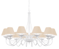 Żyrandol wiszący biały z kremowymi abażurami.