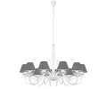 Biały żyrandol z szarymi abażurkami na 12 żarówek. Duża biała lampa.