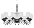 Duża czarna lampa wisząca z białymi abażurami. Żyrandol w klasycznej formie.
