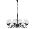 Żyrandol duży do salonów i sal w kolorze czarnym z białymi abażurami.