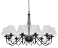 Duży czarny żyrandol wiszący z abażurami białymi do salonów.