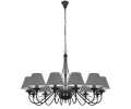 Żyrandol wiszący duży z szarymi abażurami do dużych salonów i na antresolę.