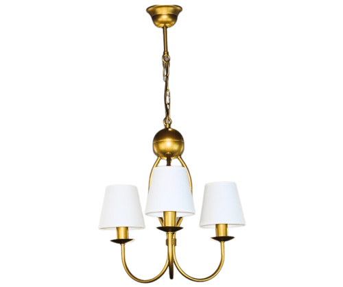 Nieduży złoty żyrandol z białymi klosikami do pokoju, sypialni i jadalni.