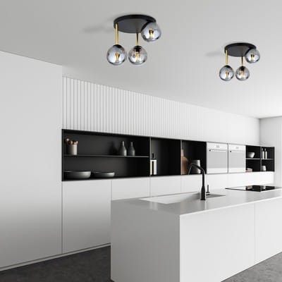 Plafony nowoczesne i okrągłe w kolorze czarno-złotym. Klosze szklane o barwie grafitowej.