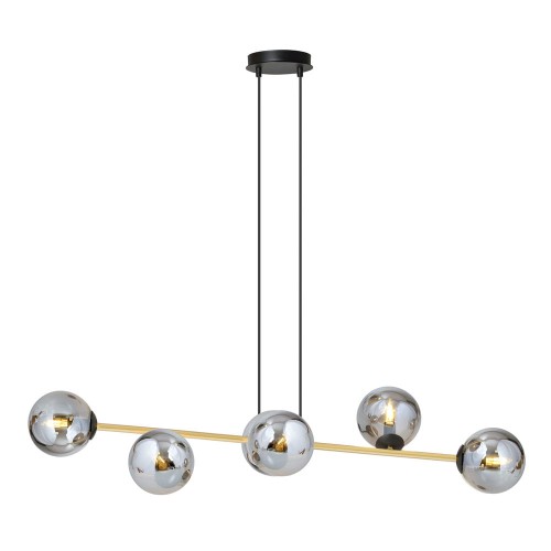 Czarno-złota lampa wisząca w poziomie z kloszami grafitowym kulkami.